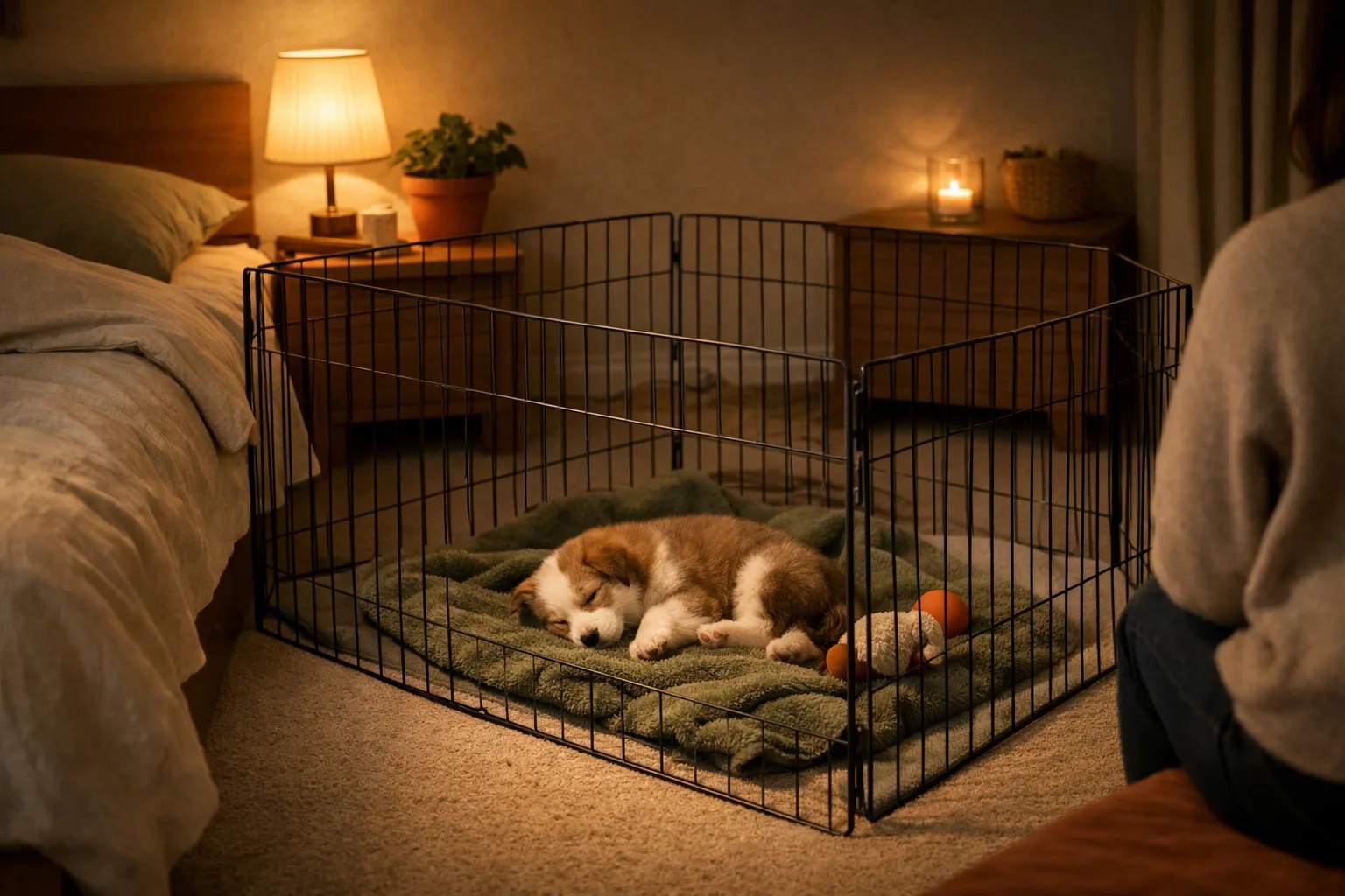 Valp som sover i en hage bredvid sängen.