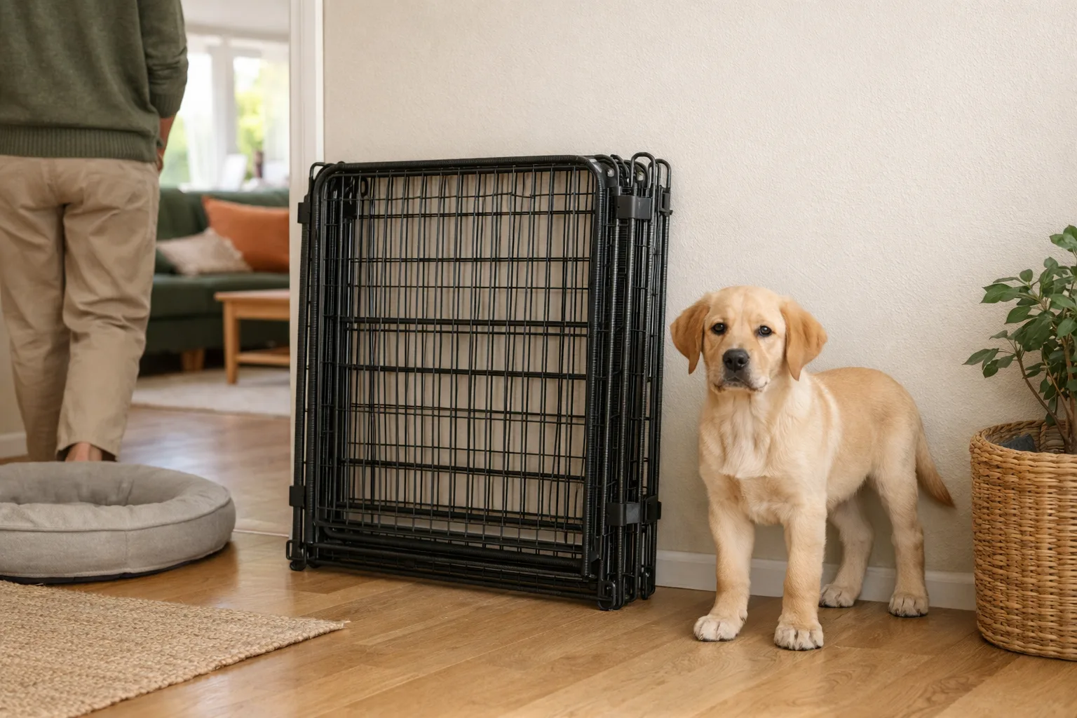 Ung hund bredvid en hopfälld hage.