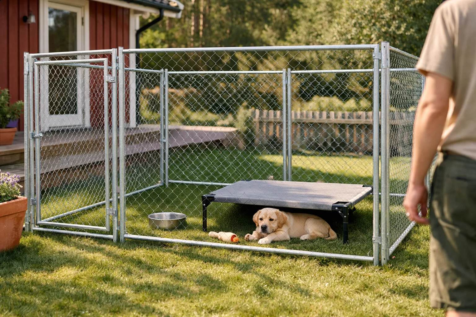 Hund som vilar i en hundgård utomhus.